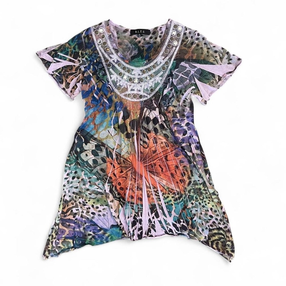 B.L.E.U. Butterfly Print Tunic Women Size M Multicolor Excellent Fairycore Boho